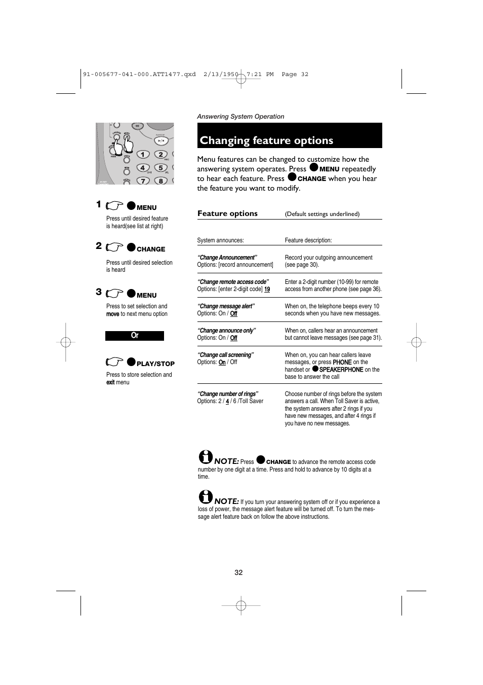 Changing feature options | AT&T 1177 User Manual | Page 34 / 47