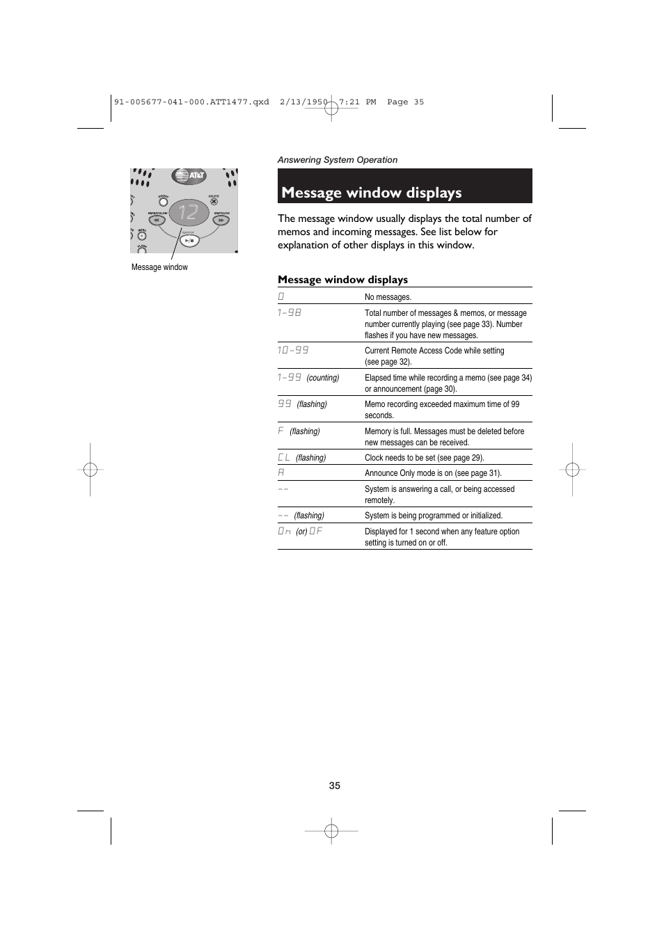 Message window displays | AT&T 1177 User Manual | Page 37 / 47