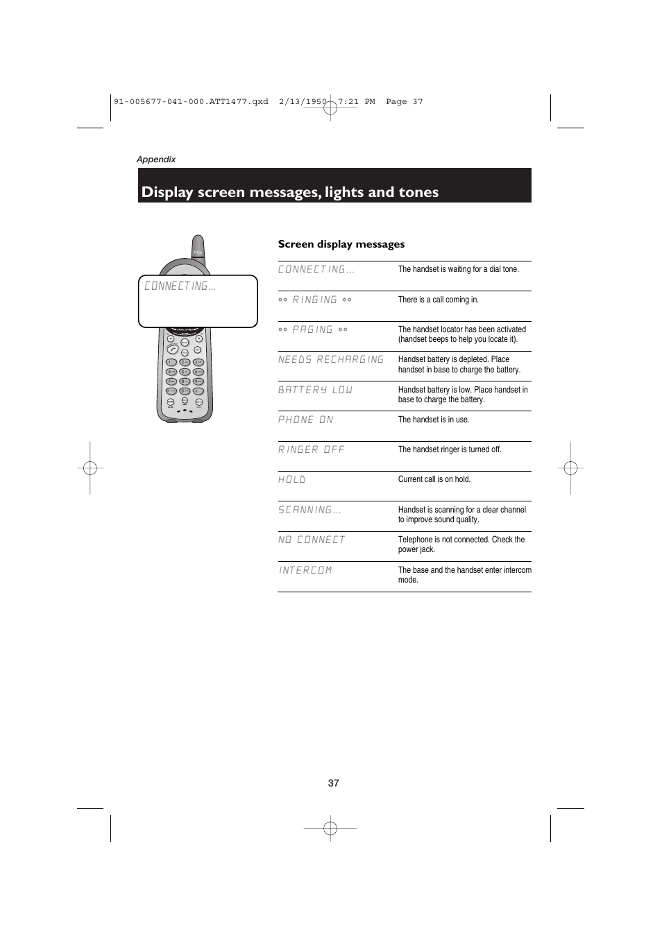 Display screen messages, lights and tones | AT&T 1177 User Manual | Page 39 / 47