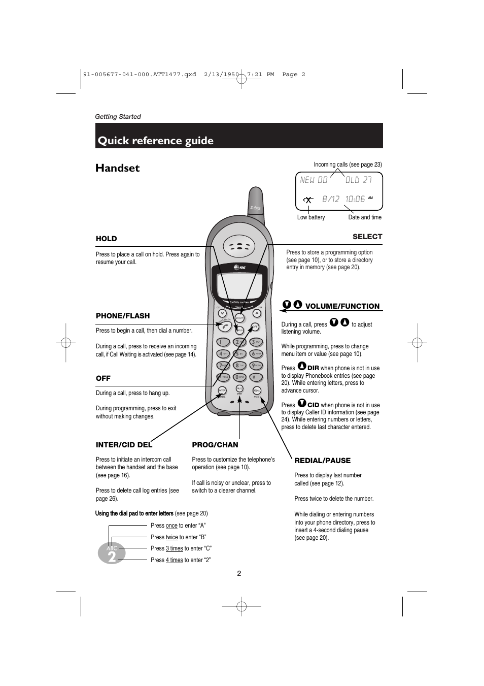 Quick reference guide, Handset | AT&T 1177 User Manual | Page 4 / 47