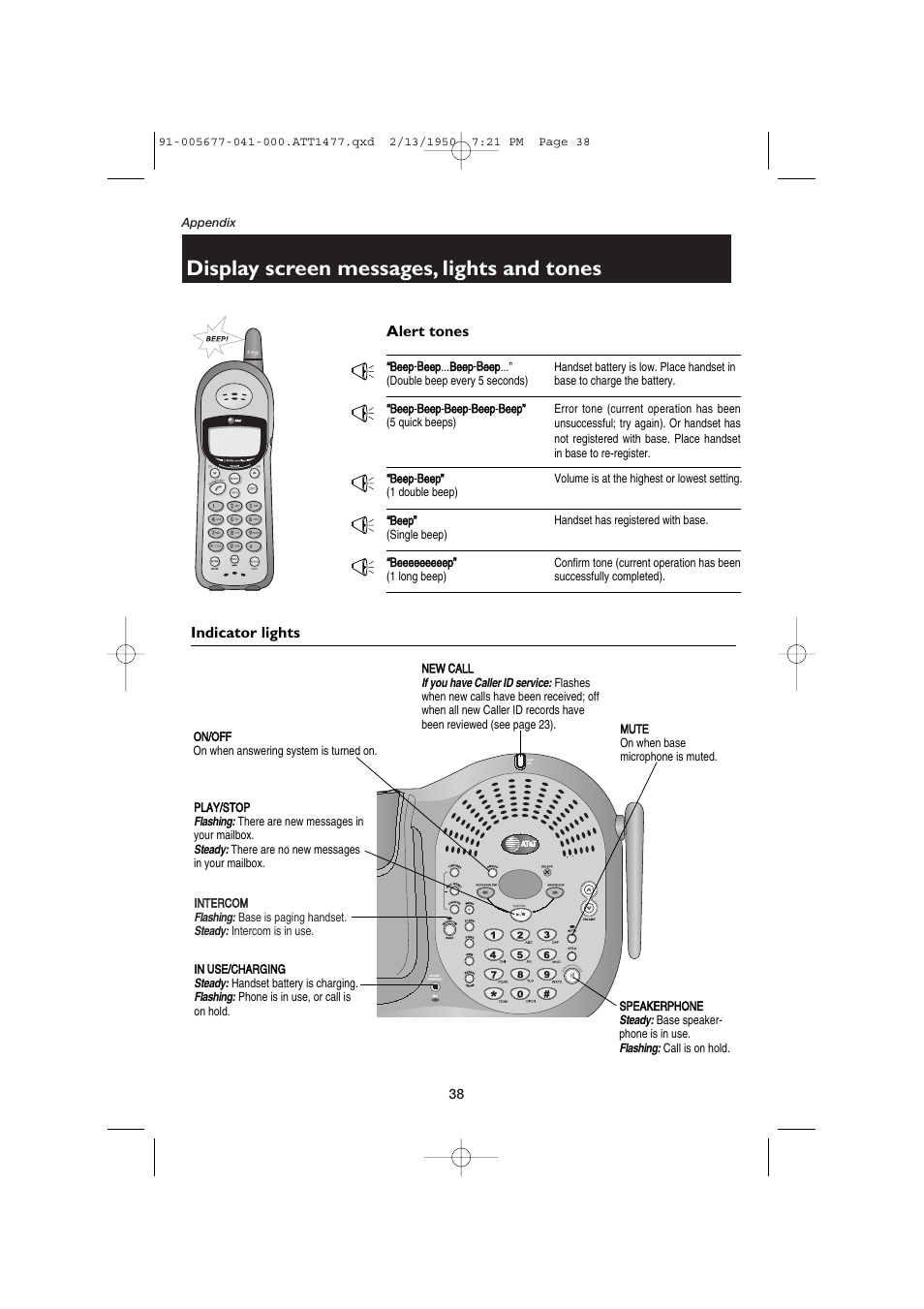 Display screen messages, lights and tones, Indicator lights, Alert tones | AT&T 1177 User Manual | Page 40 / 47