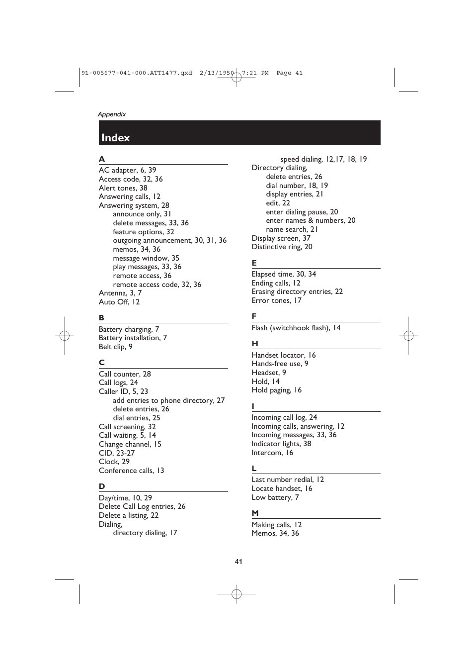 Index | AT&T 1177 User Manual | Page 43 / 47
