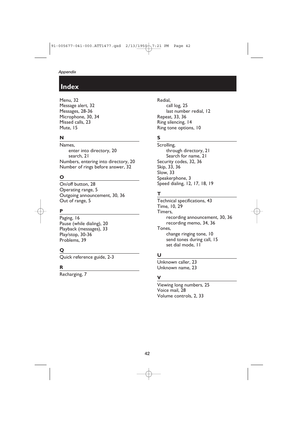 Index | AT&T 1177 User Manual | Page 44 / 47