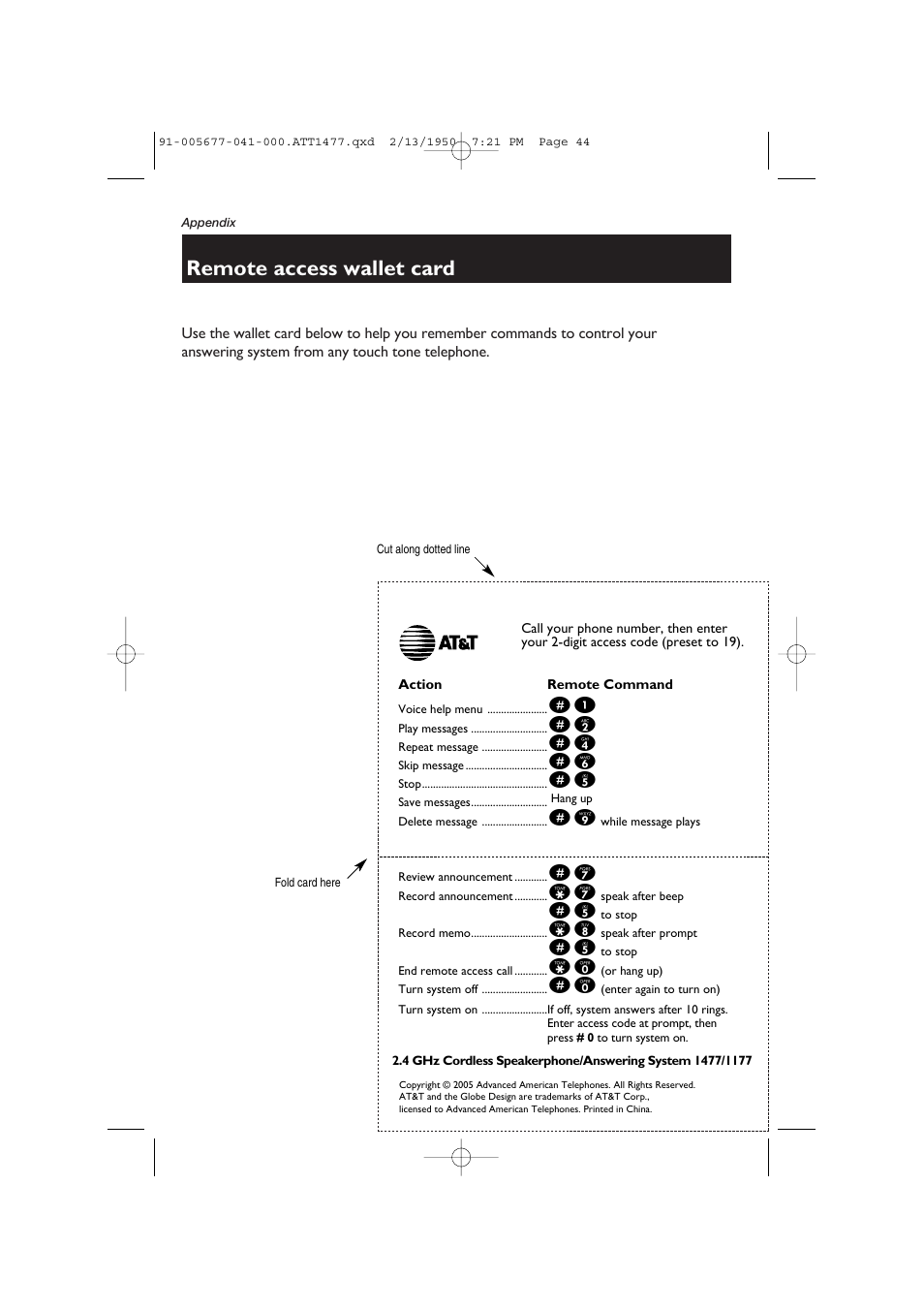 Remote access wallet card | AT&T 1177 User Manual | Page 46 / 47
