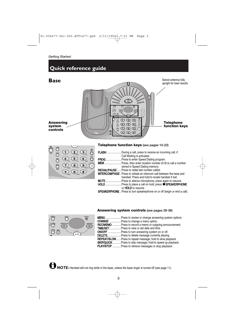 Quick reference guide, Base | AT&T 1177 User Manual | Page 5 / 47