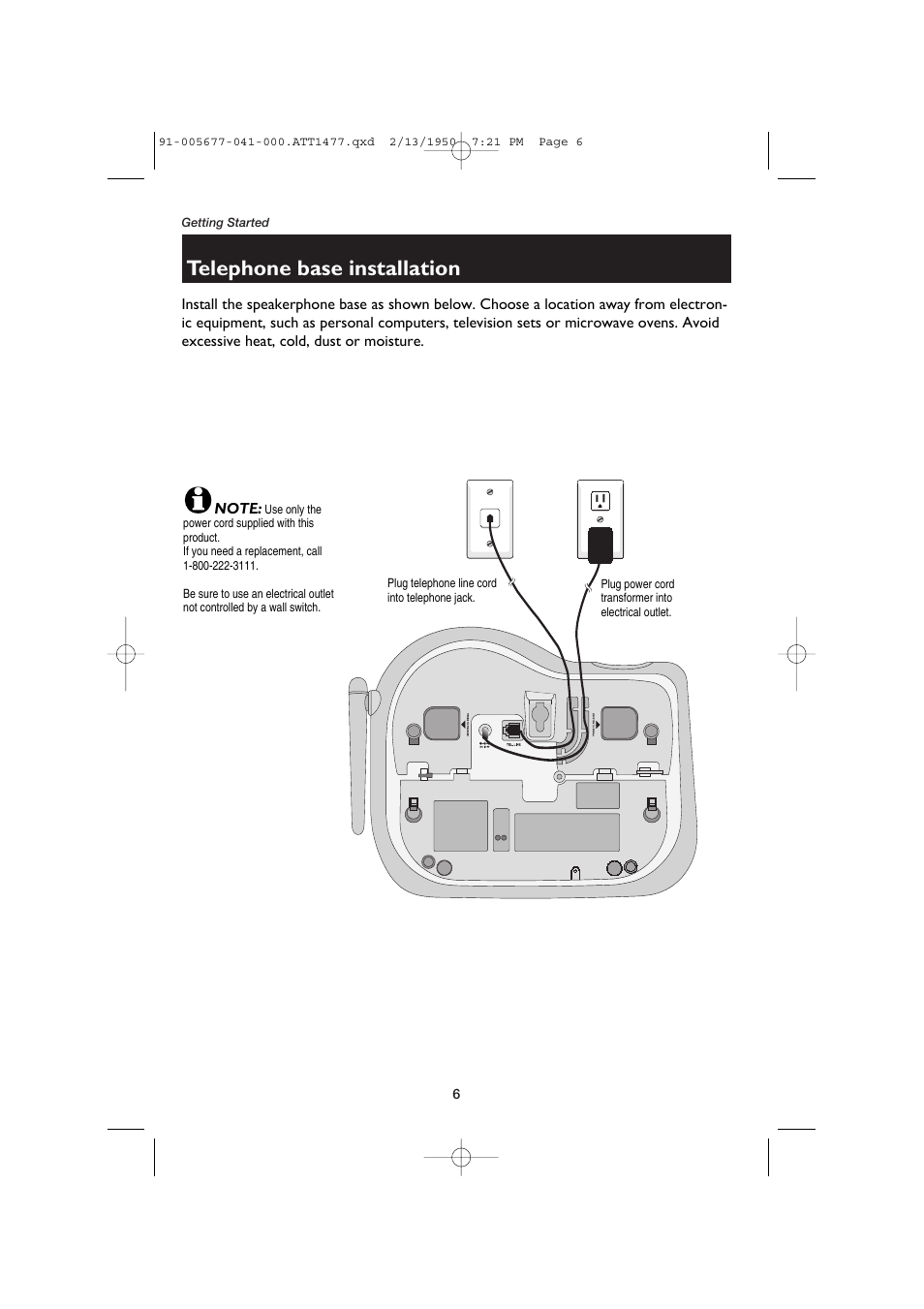 Telephone base installation | AT&T 1177 User Manual | Page 8 / 47