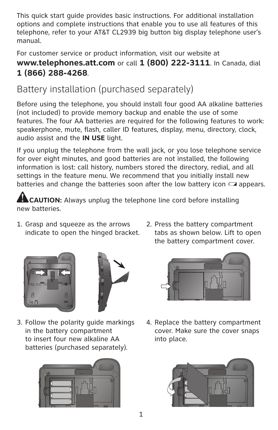 Battery installation (purchased separately) | AT&T CL2939 User Manual | Page 2 / 10