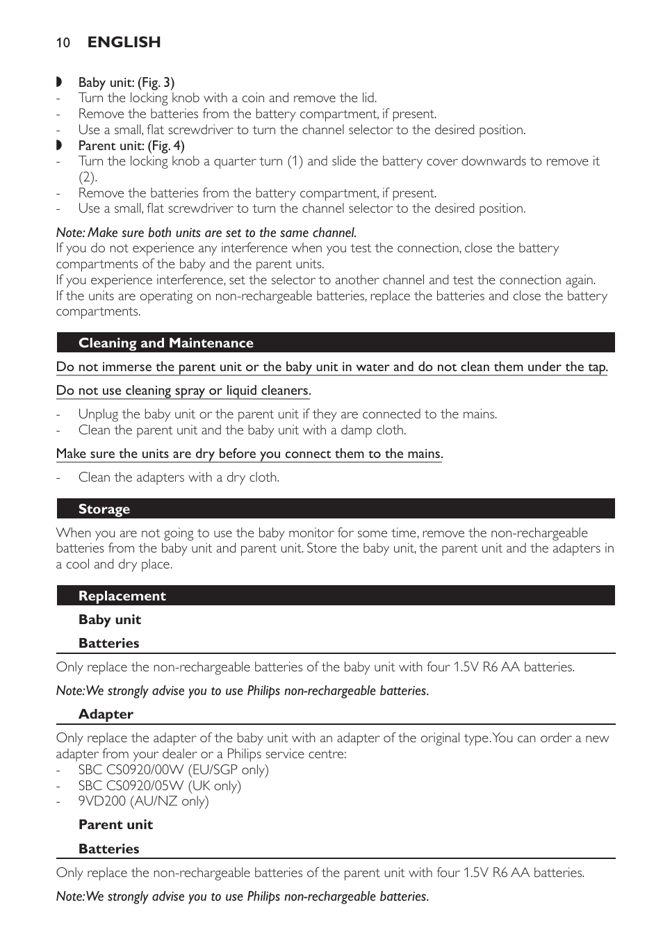 Baby unit, Cleaning and maintenance, Storage | Replacement, Batteries, Adapter, Parent unit | Philips AVENT Écoute-bébé analogique User Manual | Page 10 / 120