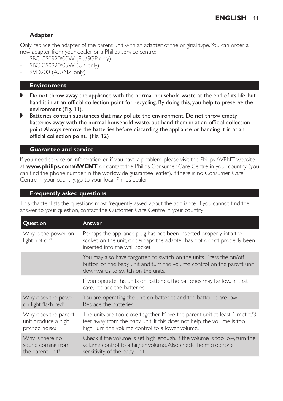 Adapter, Environment, Guarantee and service | Frequently asked questions | Philips AVENT Écoute-bébé analogique User Manual | Page 11 / 120