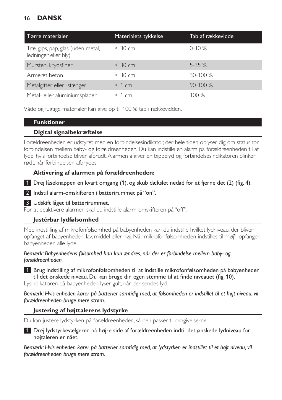 Funktioner, Digital signalbekræftelse, Aktivering af alarmen på forældreenheden | Justérbar lydfølsomhed, Justering af højttalerens lydstyrke | Philips AVENT Écoute-bébé analogique User Manual | Page 16 / 120