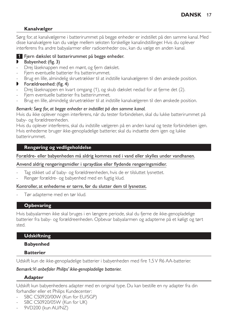 Kanalvælger, Babyenhed, Rengøring og vedligeholdelse | Opbevaring, Udskiftning, Batterier, Adapter | Philips AVENT Écoute-bébé analogique User Manual | Page 17 / 120