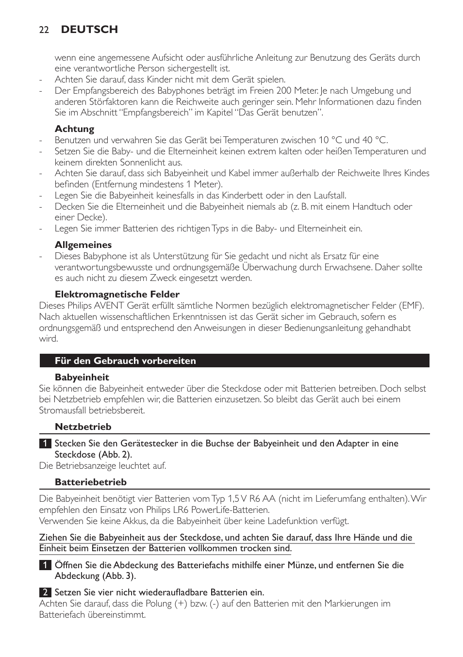 Achtung, Allgemeines, Elektromagnetische felder | Babyeinheit, Für den gebrauch vorbereiten, Netzbetrieb, Batteriebetrieb | Philips AVENT Écoute-bébé analogique User Manual | Page 22 / 120