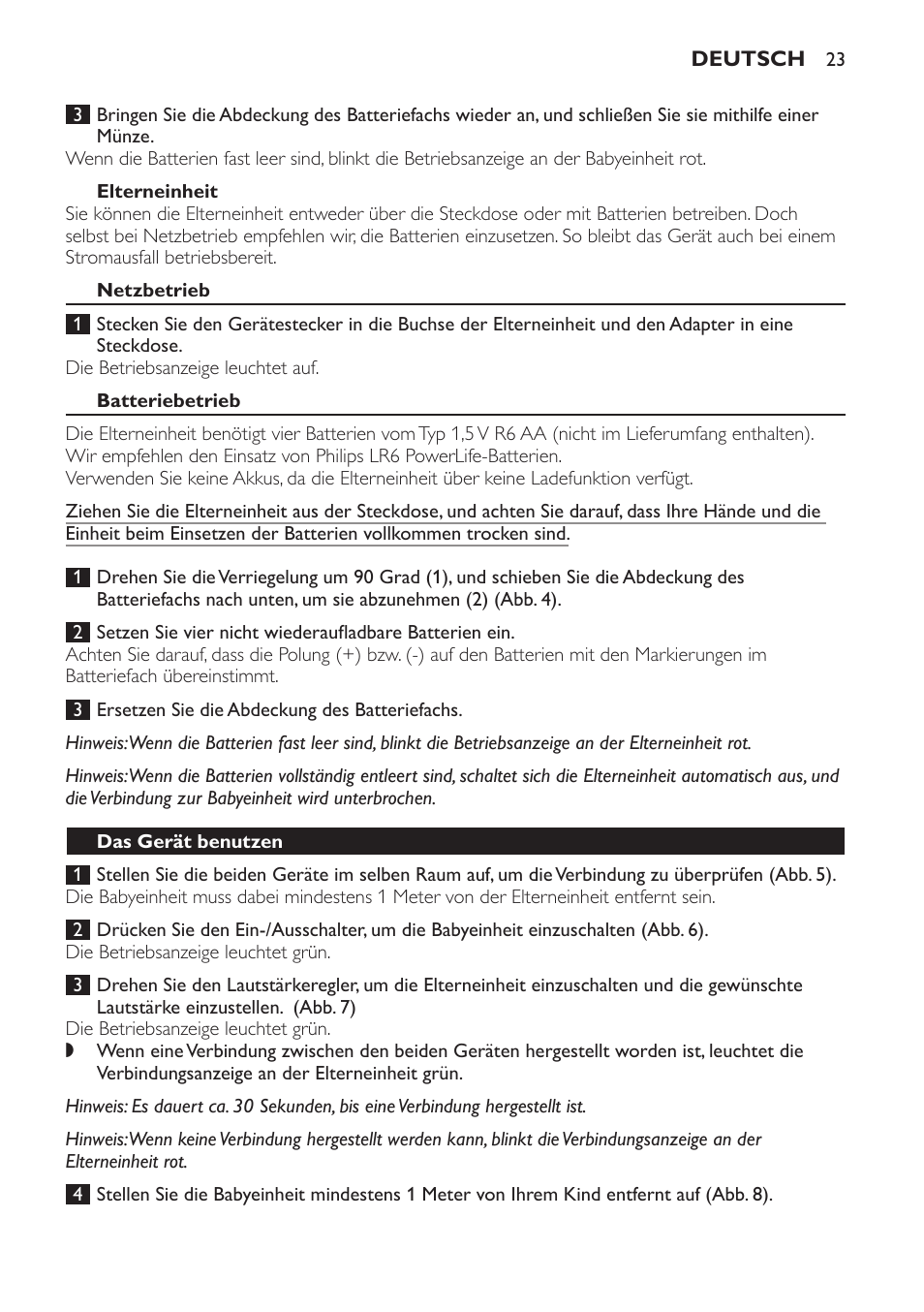 Elterneinheit, Netzbetrieb, Batteriebetrieb | Das gerät benutzen | Philips AVENT Écoute-bébé analogique User Manual | Page 23 / 120