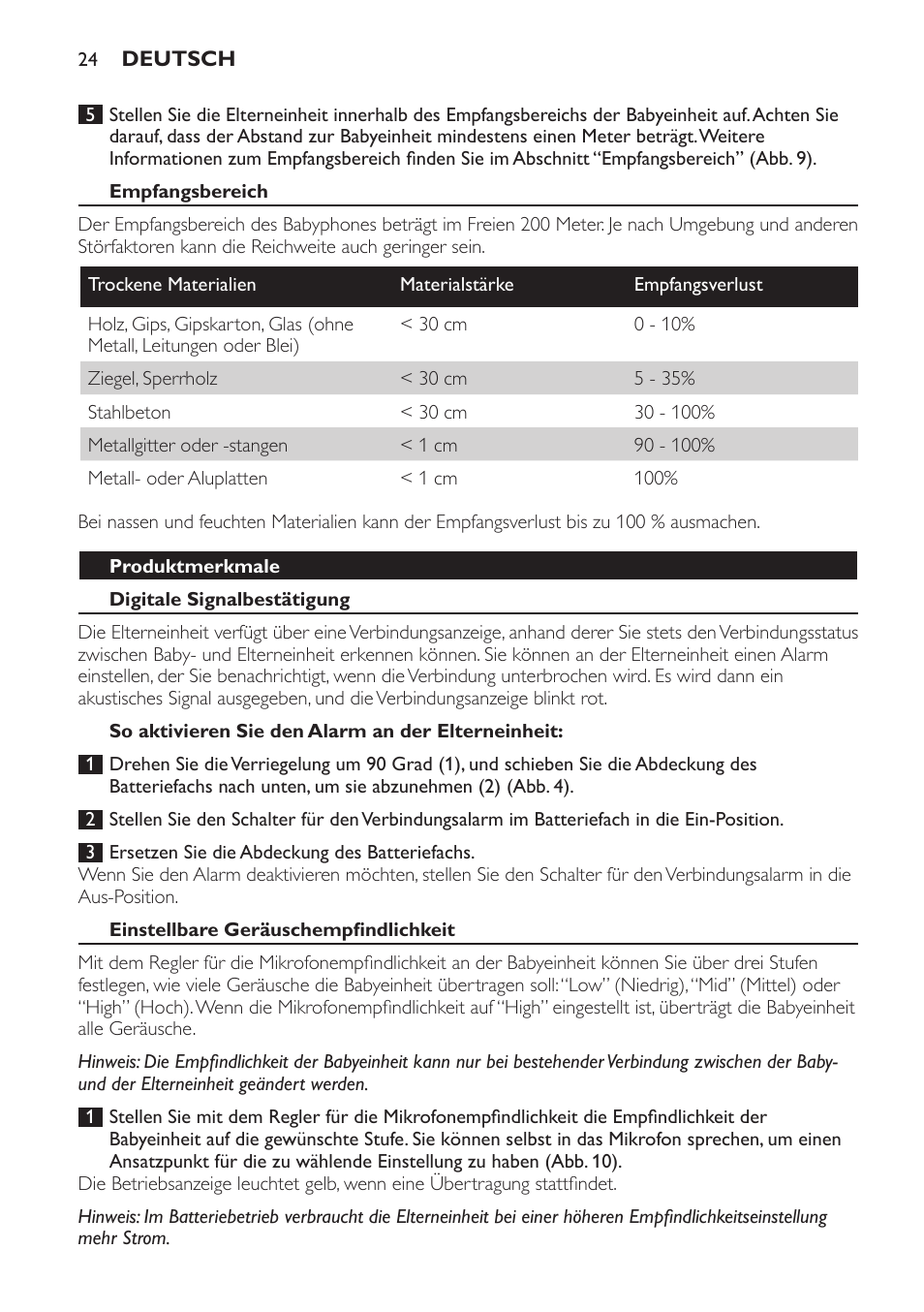 Empfangsbereich, Produktmerkmale, Digitale signalbestätigung | So aktivieren sie den alarm an der elterneinheit, Einstellbare geräuschempfindlichkeit | Philips AVENT Écoute-bébé analogique User Manual | Page 24 / 120