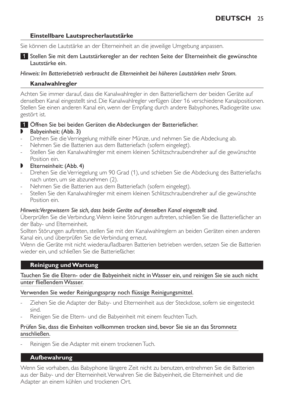 Einstellbare lautsprecherlautstärke, Kanalwahlregler, Reinigung und wartung | Aufbewahrung | Philips AVENT Écoute-bébé analogique User Manual | Page 25 / 120