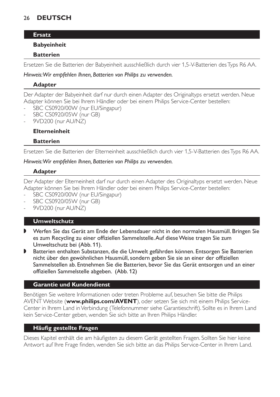 Babyeinheit, Ersatz, Batterien | Adapter, Elterneinheit, Umweltschutz, Garantie und kundendienst, Häufig gestellte fragen | Philips AVENT Écoute-bébé analogique User Manual | Page 26 / 120