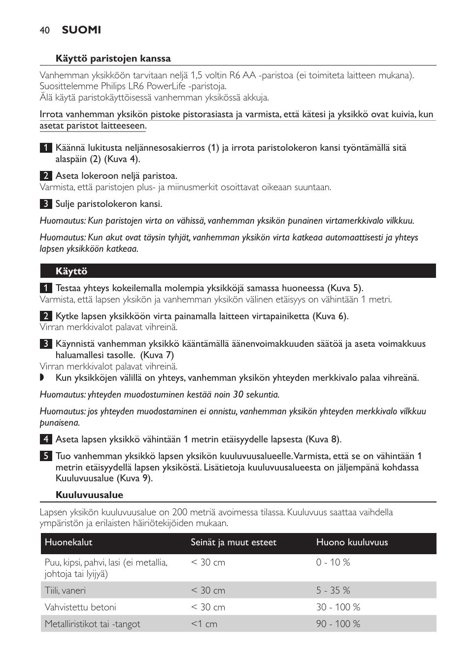 Käyttö paristojen kanssa, Käyttö, Kuuluvuusalue | Philips AVENT Écoute-bébé analogique User Manual | Page 40 / 120