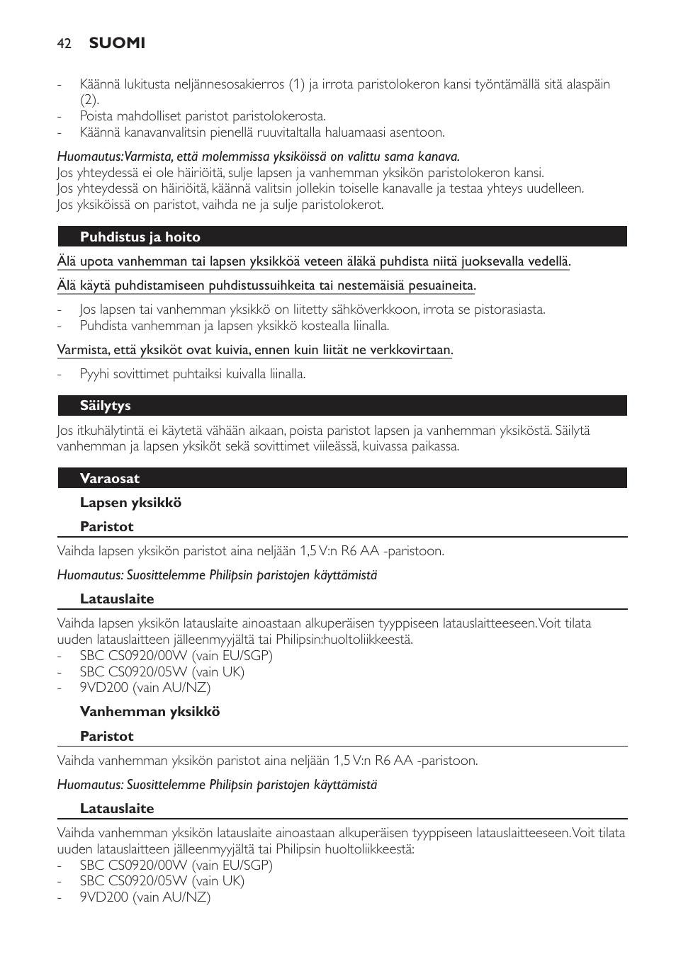 Lapsen yksikkö, Puhdistus ja hoito, Säilytys | Varaosat, Paristot, Latauslaite, Vanhemman yksikkö | Philips AVENT Écoute-bébé analogique User Manual | Page 42 / 120
