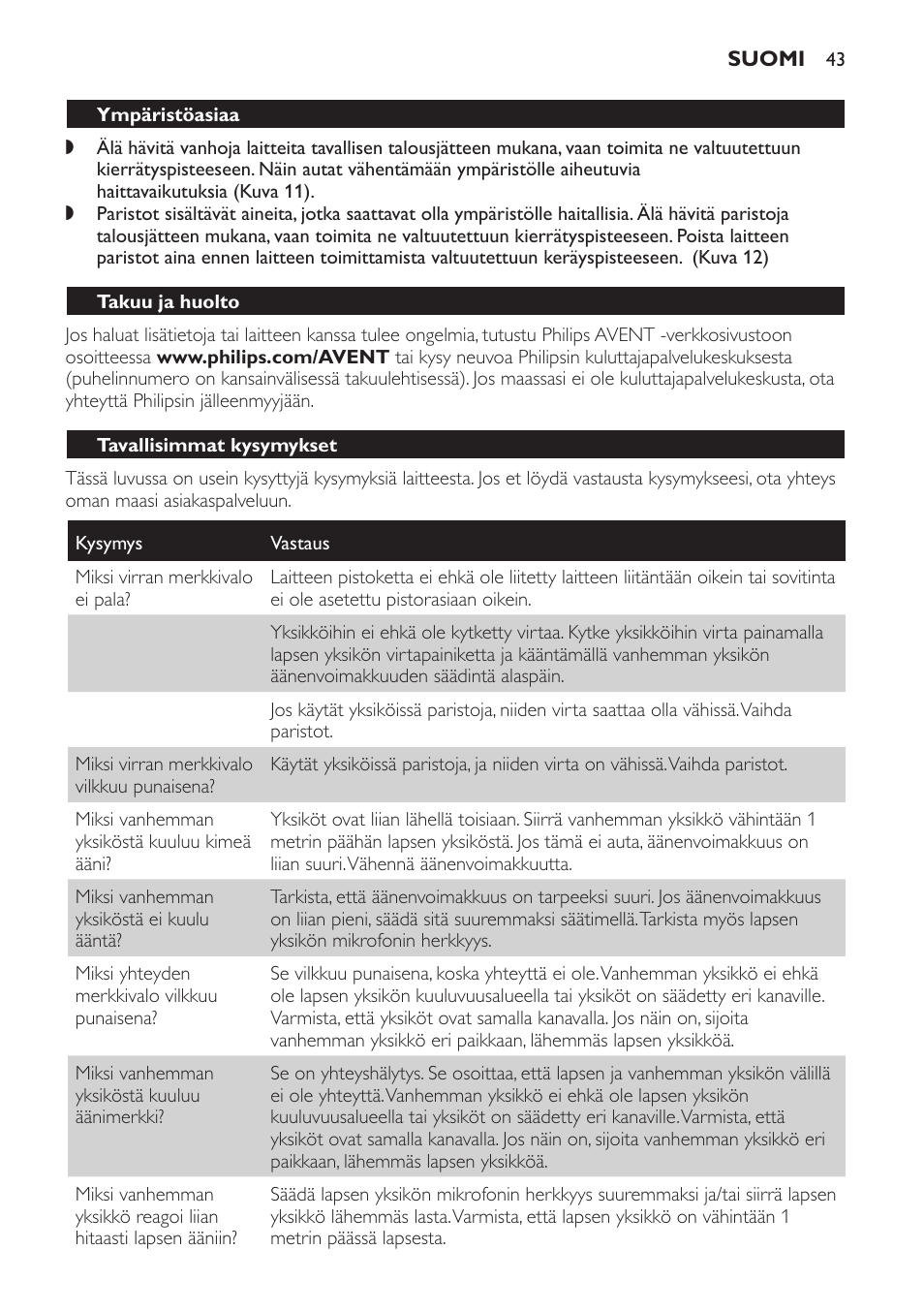 Ympäristöasiaa, Takuu ja huolto, Tavallisimmat kysymykset | Philips AVENT Écoute-bébé analogique User Manual | Page 43 / 120