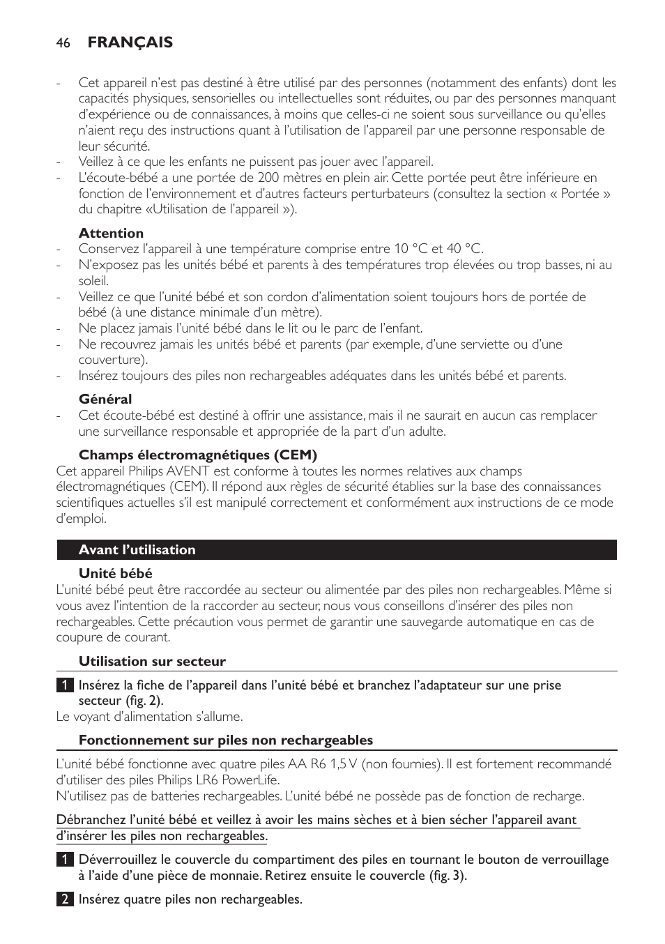 Attention, Général, Champs électromagnétiques (cem) | Unité bébé, Avant l’utilisation, Utilisation sur secteur, Fonctionnement sur piles non rechargeables | Philips AVENT Écoute-bébé analogique User Manual | Page 46 / 120