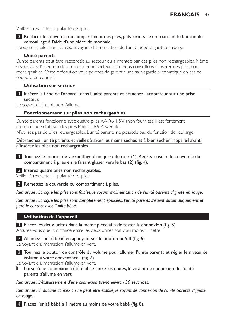 Unité parents, Utilisation sur secteur, Fonctionnement sur piles non rechargeables | Utilisation de l’appareil | Philips AVENT Écoute-bébé analogique User Manual | Page 47 / 120