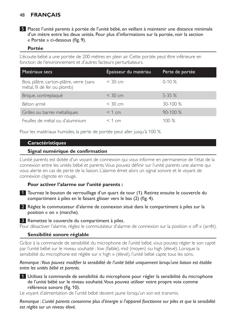 Portée, Caractéristiques, Signal numérique de confirmation | Pour activer l’alarme sur l’unité parents, Sensibilité sonore réglable | Philips AVENT Écoute-bébé analogique User Manual | Page 48 / 120