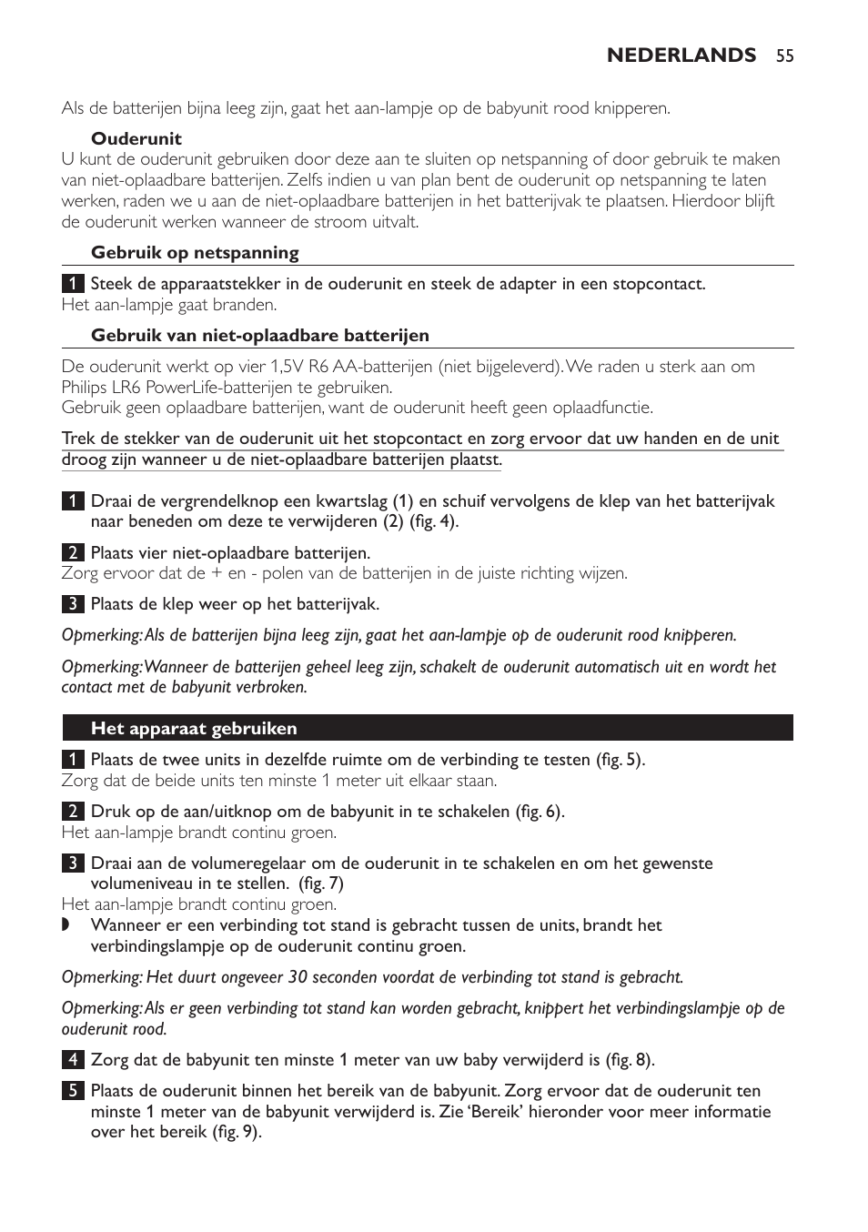 Ouderunit, Gebruik op netspanning, Gebruik van niet-oplaadbare batterijen | Het apparaat gebruiken | Philips AVENT Écoute-bébé analogique User Manual | Page 55 / 120