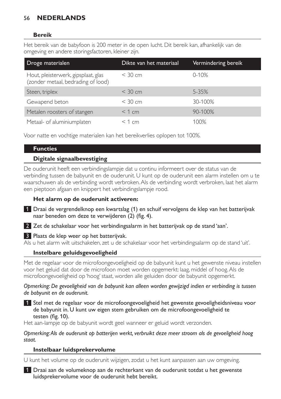 Bereik, Functies, Digitale signaalbevestiging | Het alarm op de ouderunit activeren, Instelbare geluidsgevoeligheid, Instelbaar luidsprekervolume | Philips AVENT Écoute-bébé analogique User Manual | Page 56 / 120