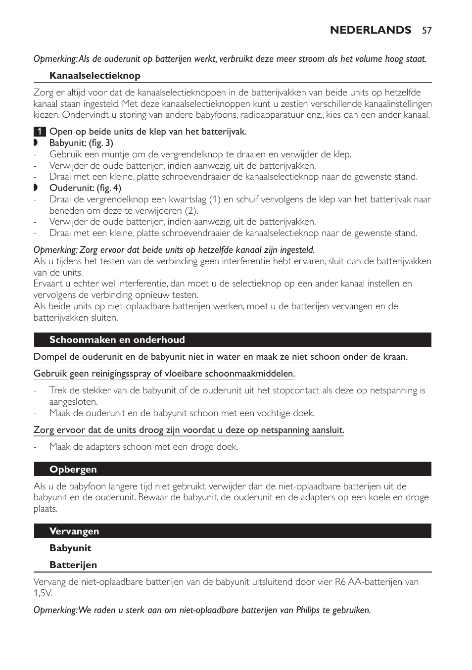 Kanaalselectieknop, Babyunit, Schoonmaken en onderhoud | Opbergen, Vervangen, Batterijen | Philips AVENT Écoute-bébé analogique User Manual | Page 57 / 120