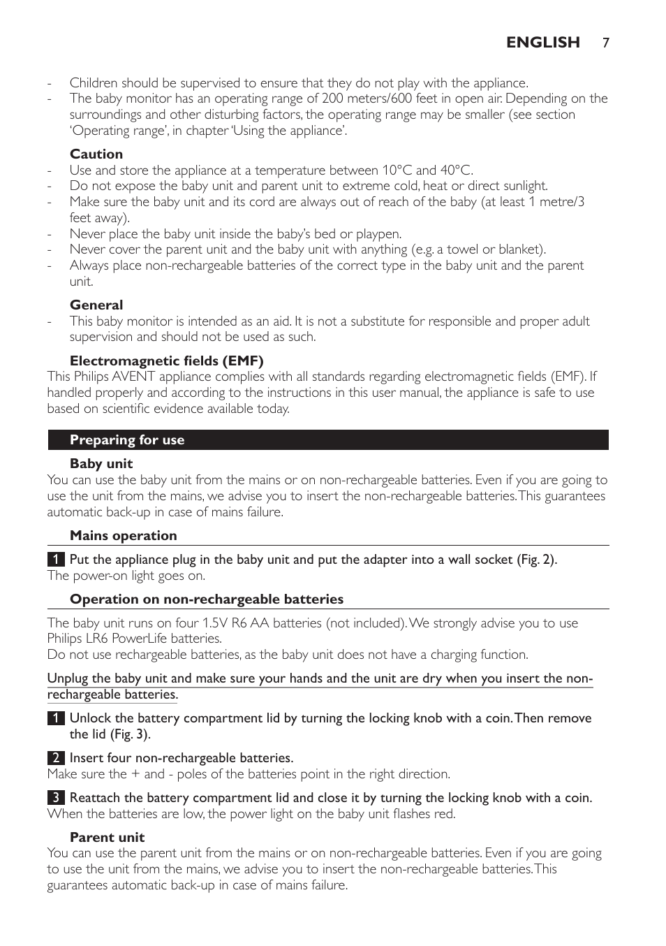 Caution, General, Electromagnetic fields (emf) | Preparing for use, Baby unit, Mains operation, Operation on non-rechargeable batteries, Parent unit | Philips AVENT Écoute-bébé analogique User Manual | Page 7 / 120