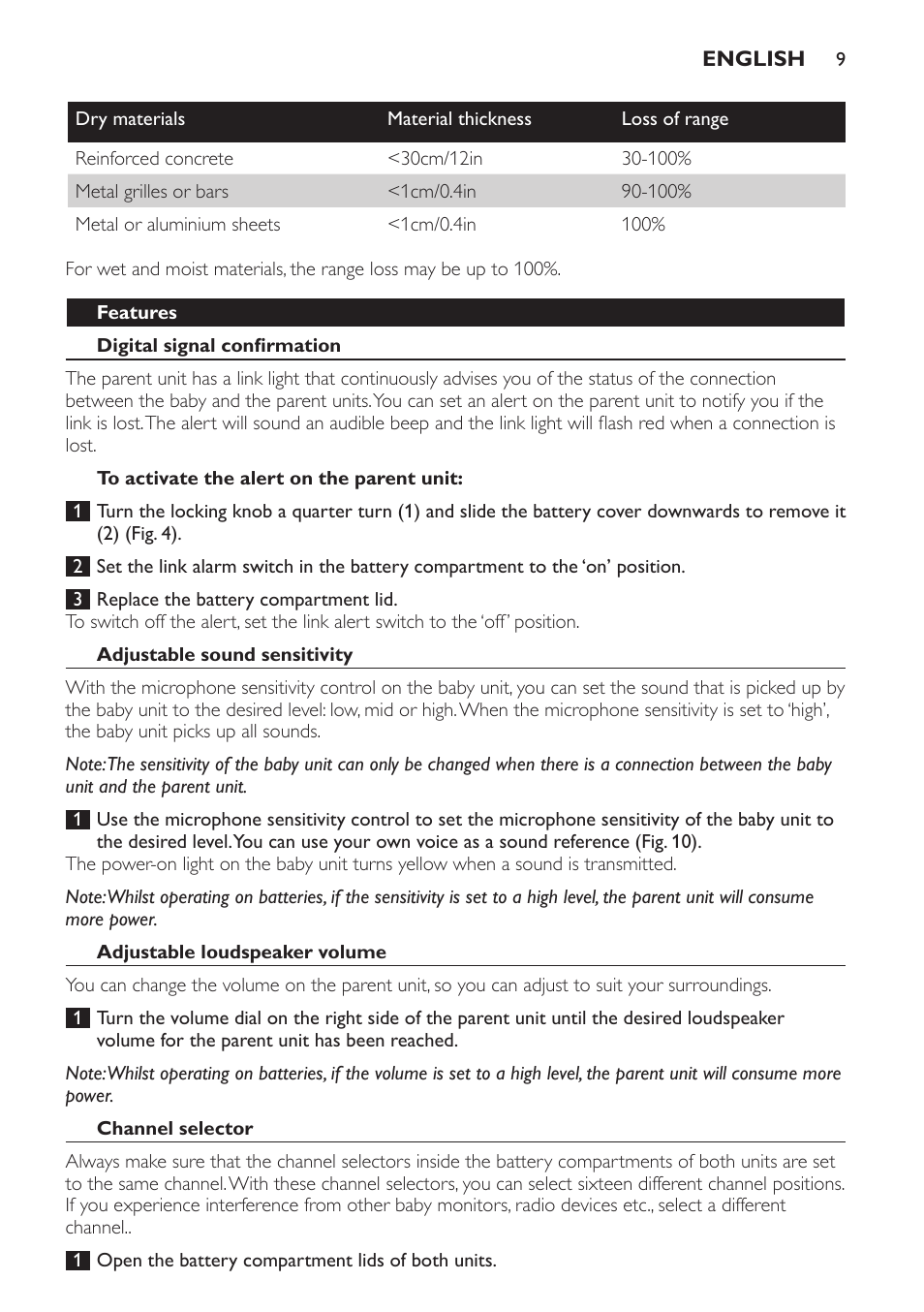 Features, Digital signal confirmation, To activate the alert on the parent unit | Adjustable sound sensitivity, Adjustable loudspeaker volume, Channel selector | Philips AVENT Écoute-bébé analogique User Manual | Page 9 / 120