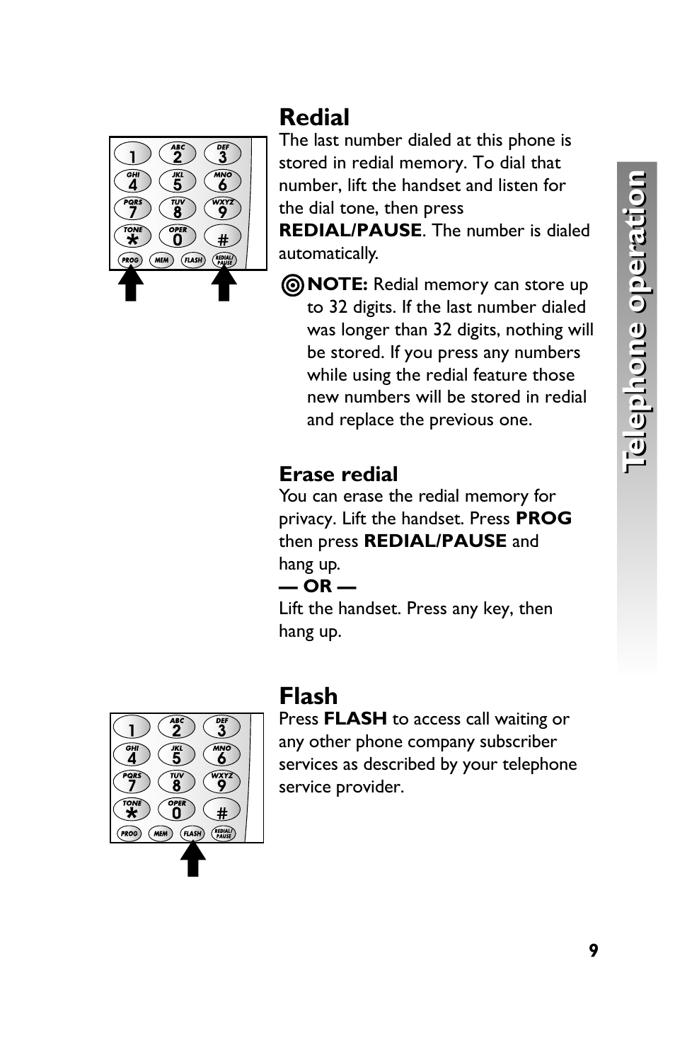 Telephone operation, Redial, Flash | AT&T 915 User Manual | Page 12 / 20