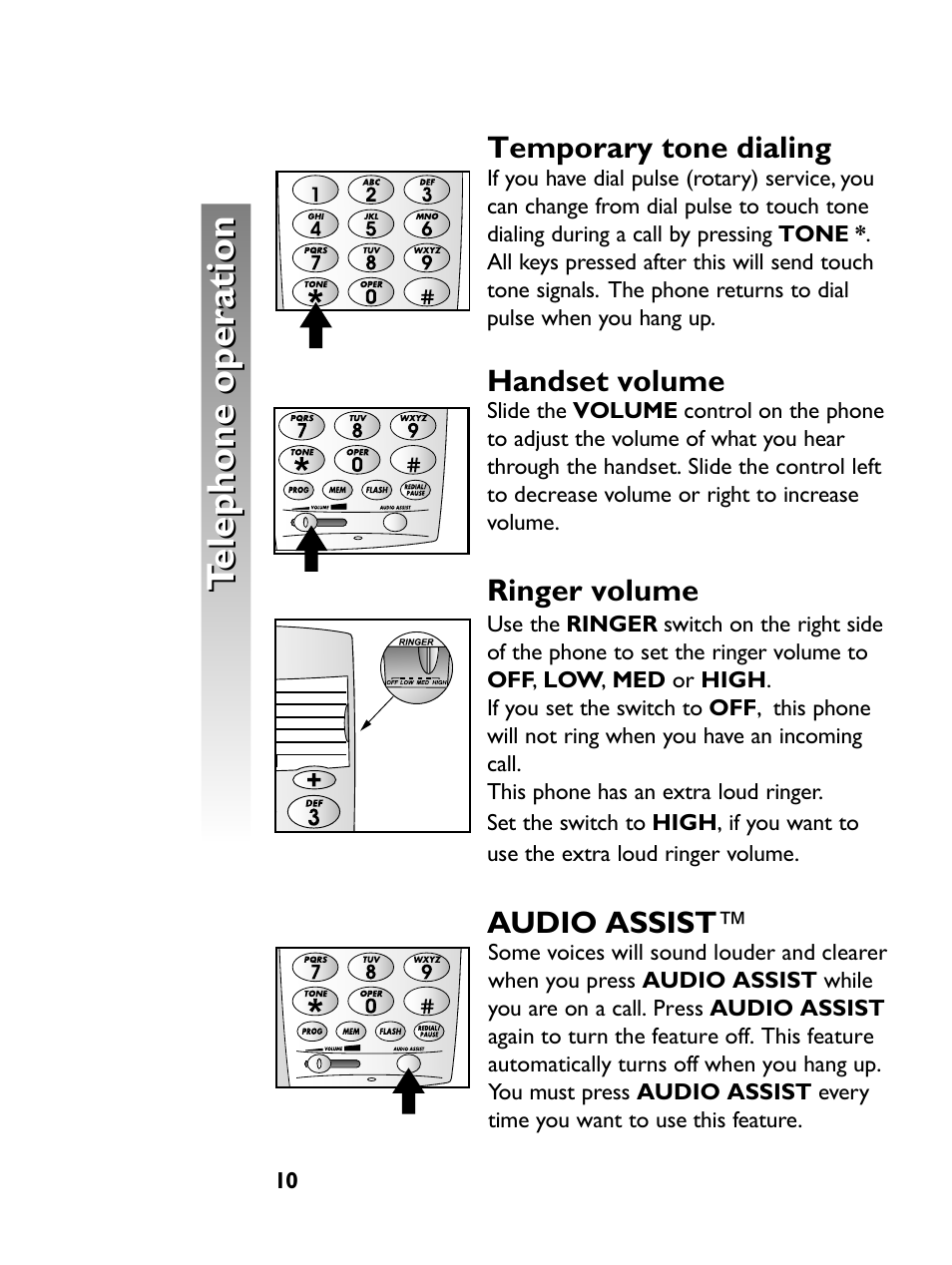 Telephone operation, Temporary tone dialing, Handset volume | Ringer volume, Audio assist | AT&T 915 User Manual | Page 13 / 20