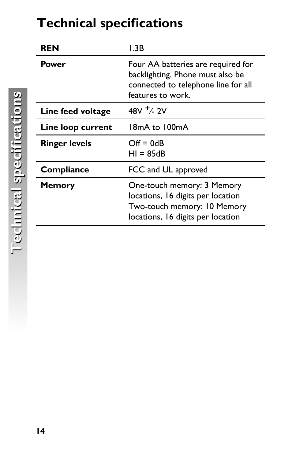 Technical specifications | AT&T 915 User Manual | Page 17 / 20