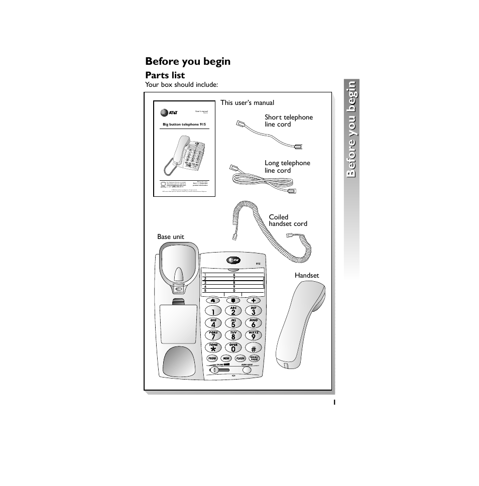 Before you begin, Parts list, Your box should include: 1 | This user’s manual | AT&T 915 User Manual | Page 4 / 20