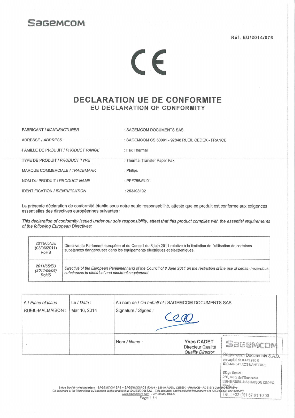 Declaration ue de conformite, Eu declaration of conformity, Saggmcom | Philips FaxPro Fax à papier ordinaire User Manual | Page 3 / 3