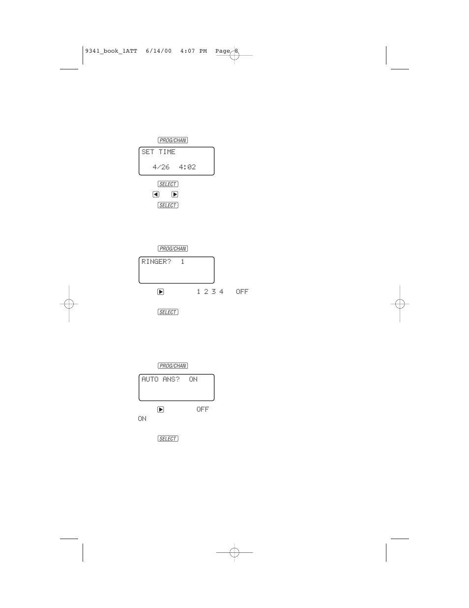 Feature settings, Time/date, Ringer selection | Auto answer on/off | AT&T 9341 User Manual | Page 10 / 26