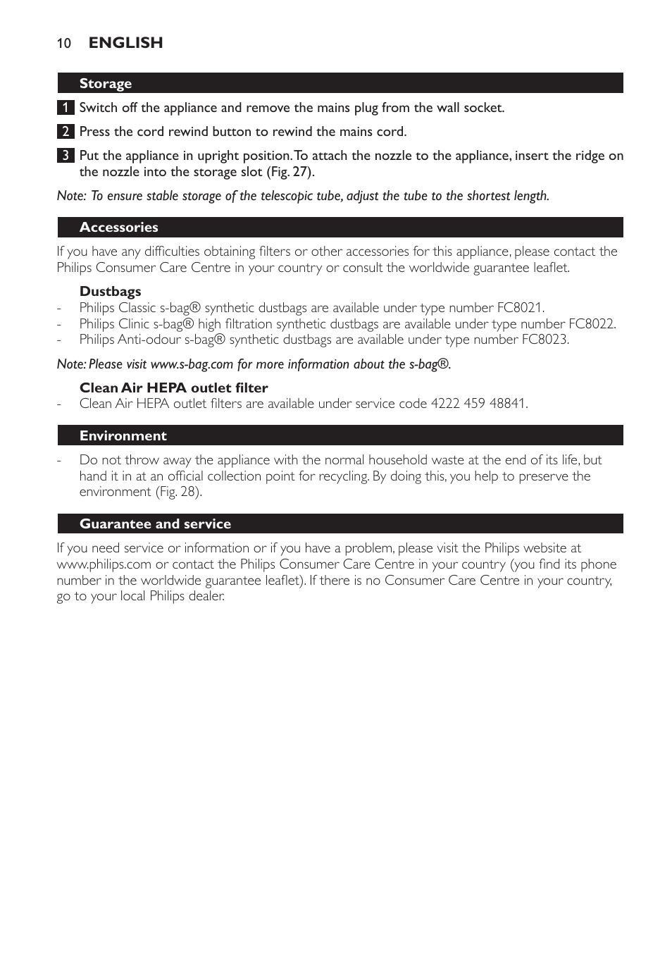 Dustbags, Clean air hepa outlet filter, Storage | Accessories, Environment, Guarantee and service, Troubleshooting | Philips SmallStar Aspirateur avec sac User Manual | Page 10 / 88