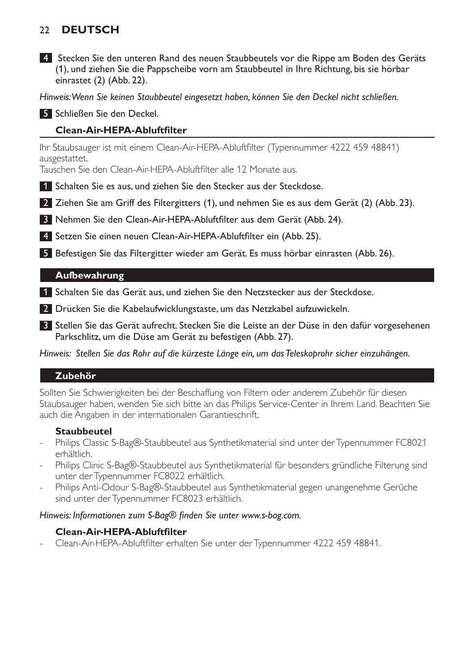 Clean-air-hepa-abluftfilter, Staubbeutel, Aufbewahrung | Zubehör, Umweltschutz | Philips SmallStar Aspirateur avec sac User Manual | Page 22 / 88