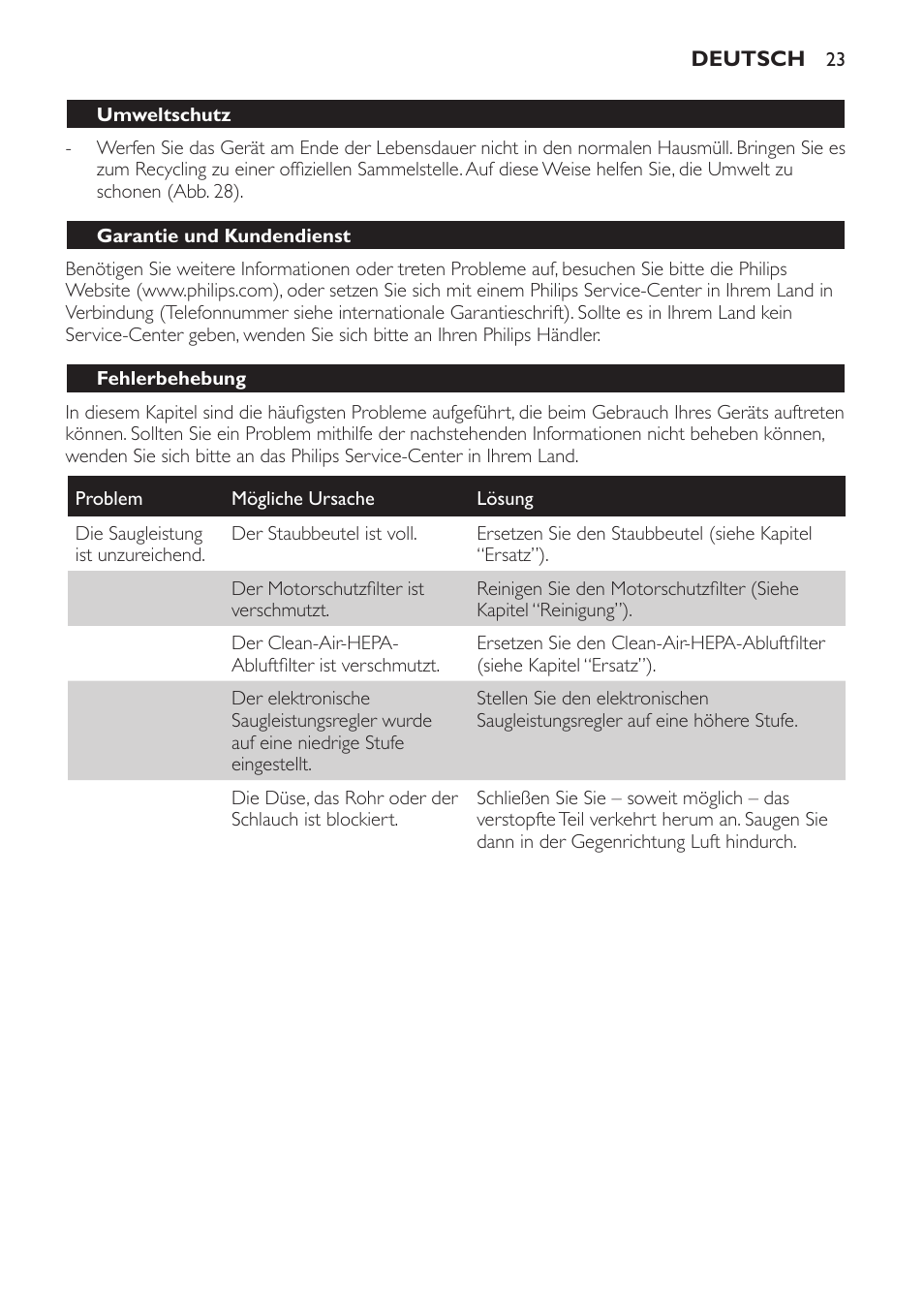 Garantie und kundendienst, Fehlerbehebung | Philips SmallStar Aspirateur avec sac User Manual | Page 23 / 88