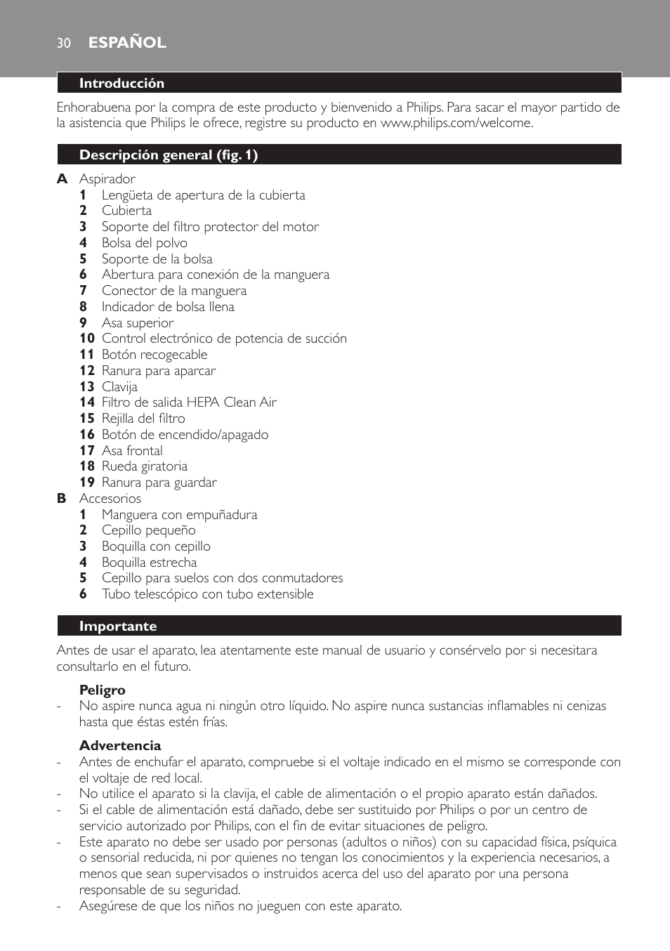 Peligro, Advertencia, Español | Introducción, Descripción general (fig. 1), Importante | Philips SmallStar Aspirateur avec sac User Manual | Page 30 / 88