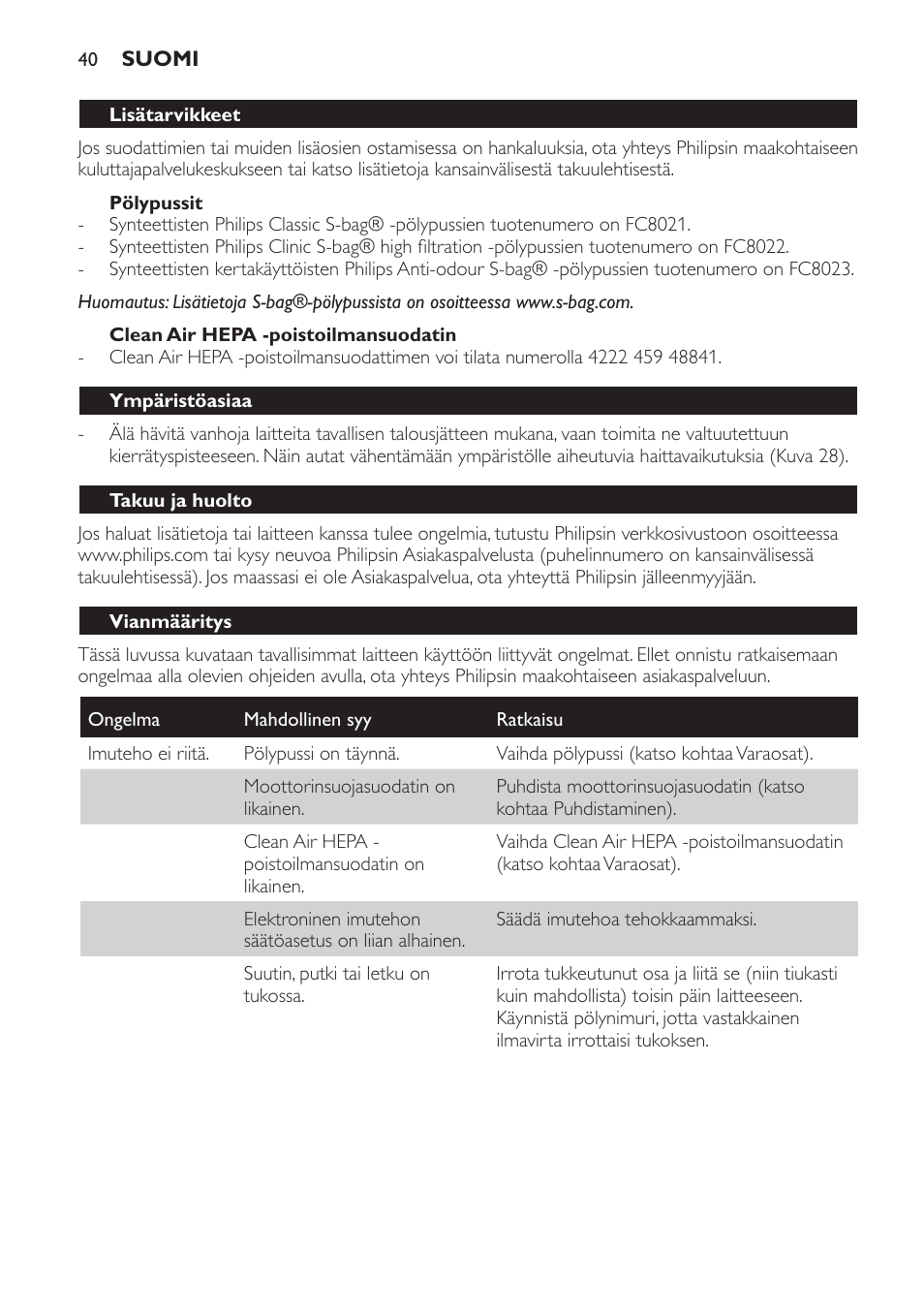 Pölypussit, Clean air hepa -poistoilmansuodatin, Lisätarvikkeet | Ympäristöasiaa, Takuu ja huolto, Vianmääritys | Philips SmallStar Aspirateur avec sac User Manual | Page 40 / 88