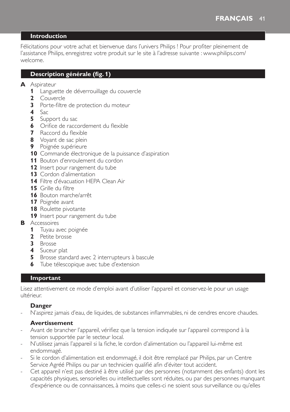 Danger, Avertissement, Français | Introduction, Description générale (fig. 1), Important | Philips SmallStar Aspirateur avec sac User Manual | Page 41 / 88