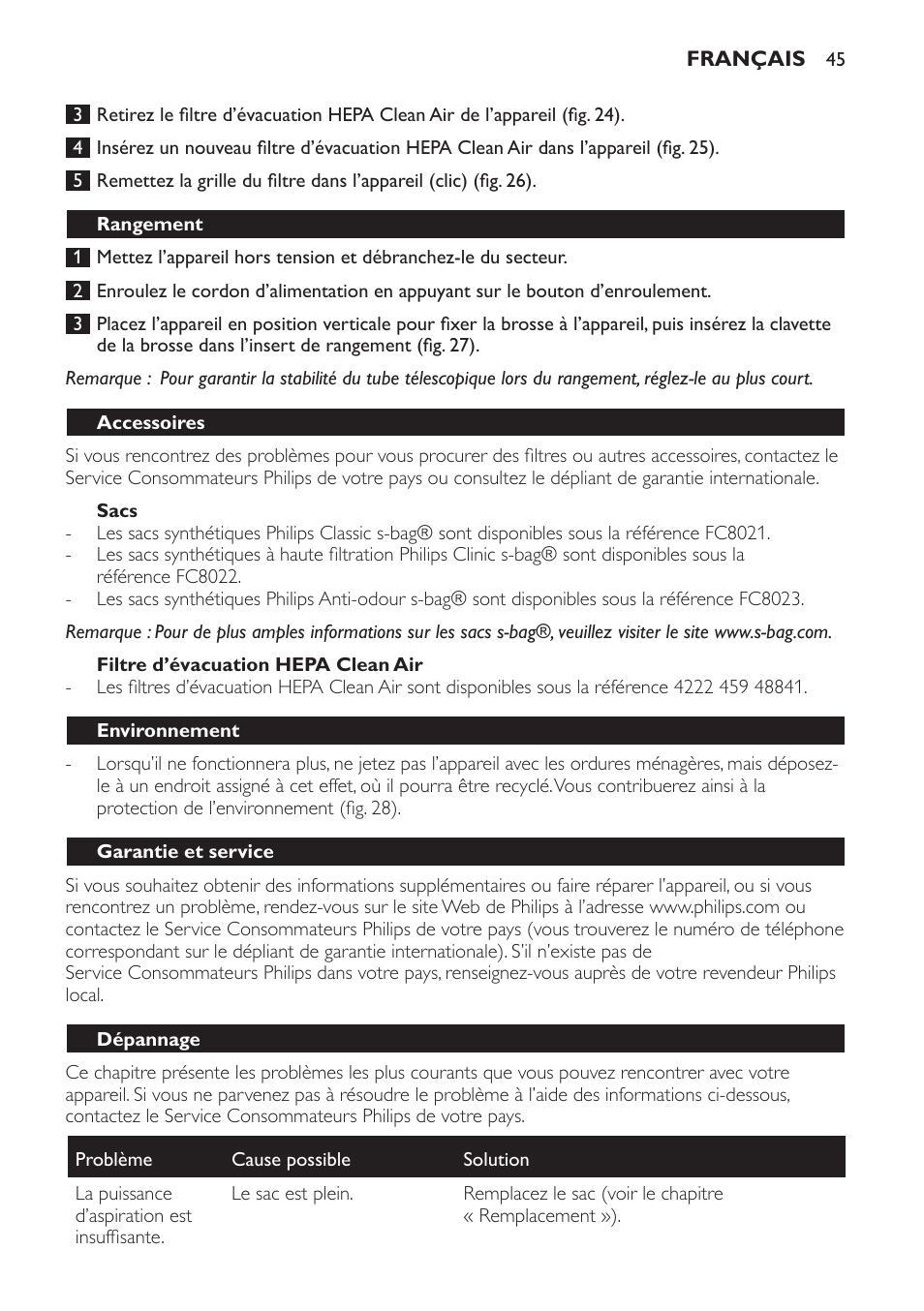 Sacs, Filtre d’évacuation hepa clean air, Rangement | Accessoires, Environnement, Garantie et service, Dépannage | Philips SmallStar Aspirateur avec sac User Manual | Page 45 / 88