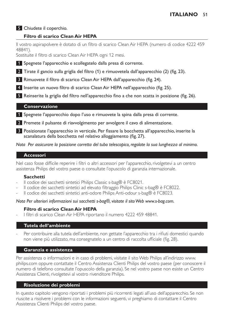 Filtro di scarico clean air hepa, Sacchetti, Conservazione | Accessori, Tutela dell’ambiente, Garanzia e assistenza, Risoluzione dei problemi | Philips SmallStar Aspirateur avec sac User Manual | Page 51 / 88