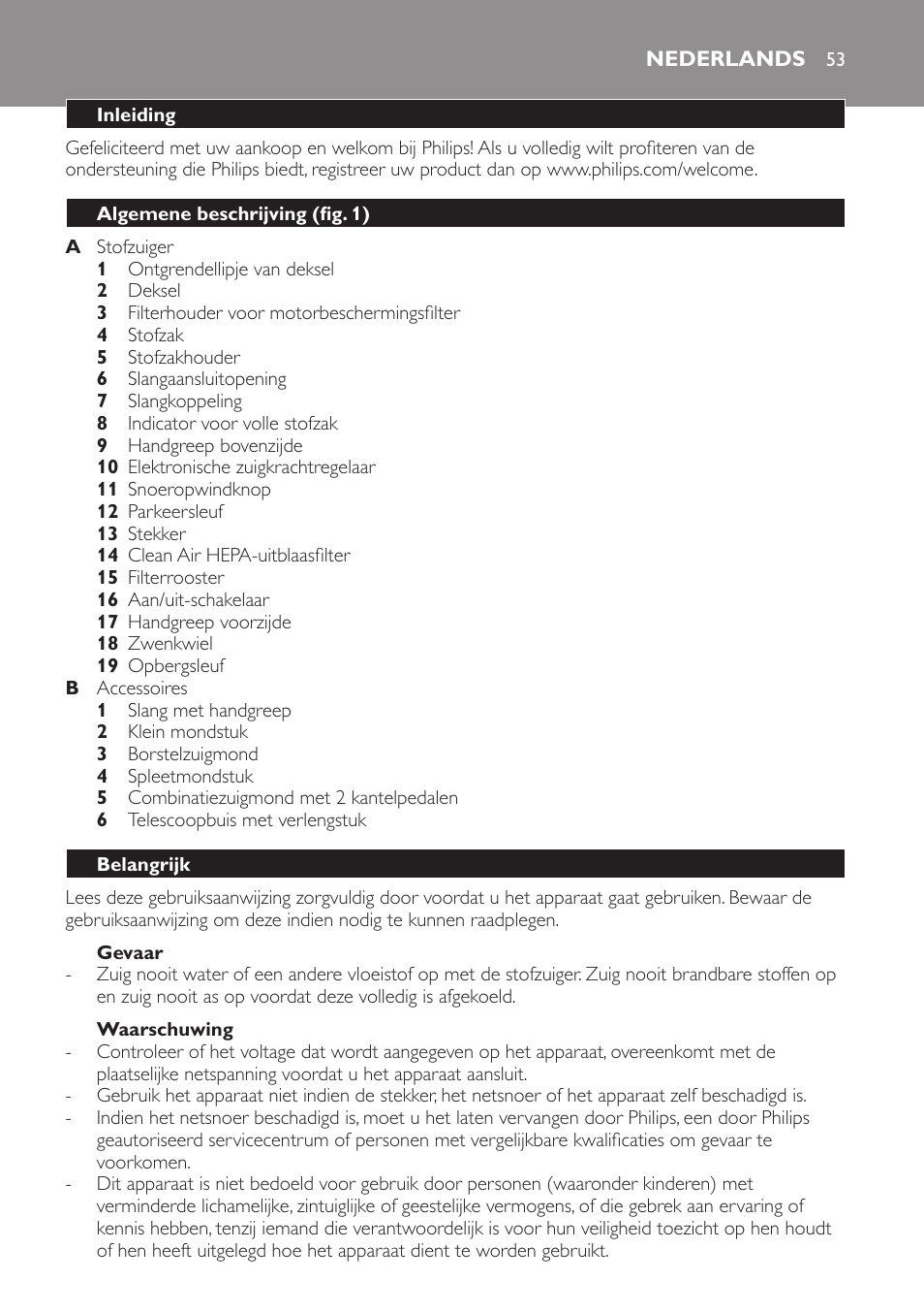 Gevaar, Waarschuwing, Nederlands | Inleiding, Algemene beschrijving (fig. 1), Belangrijk | Philips SmallStar Aspirateur avec sac User Manual | Page 53 / 88