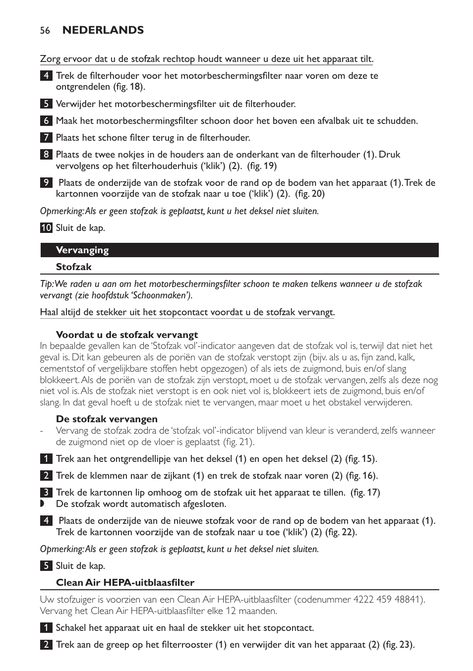 Vervanging, Stofzak, Voordat u de stofzak vervangt | De stofzak vervangen, Clean air hepa-uitblaasfilter | Philips SmallStar Aspirateur avec sac User Manual | Page 56 / 88