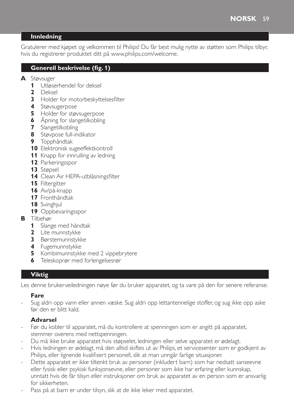 Fare, Advarsel, Norsk | Innledning, Generell beskrivelse (fig. 1), Viktig | Philips SmallStar Aspirateur avec sac User Manual | Page 59 / 88