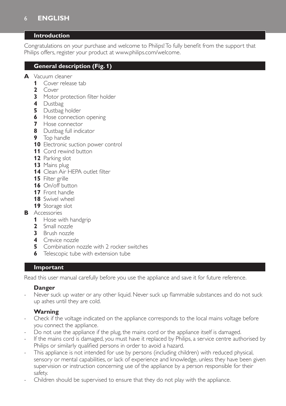 English, Introduction, General description (fig. 1) | Important, Danger, Warning | Philips SmallStar Aspirateur avec sac User Manual | Page 6 / 88
