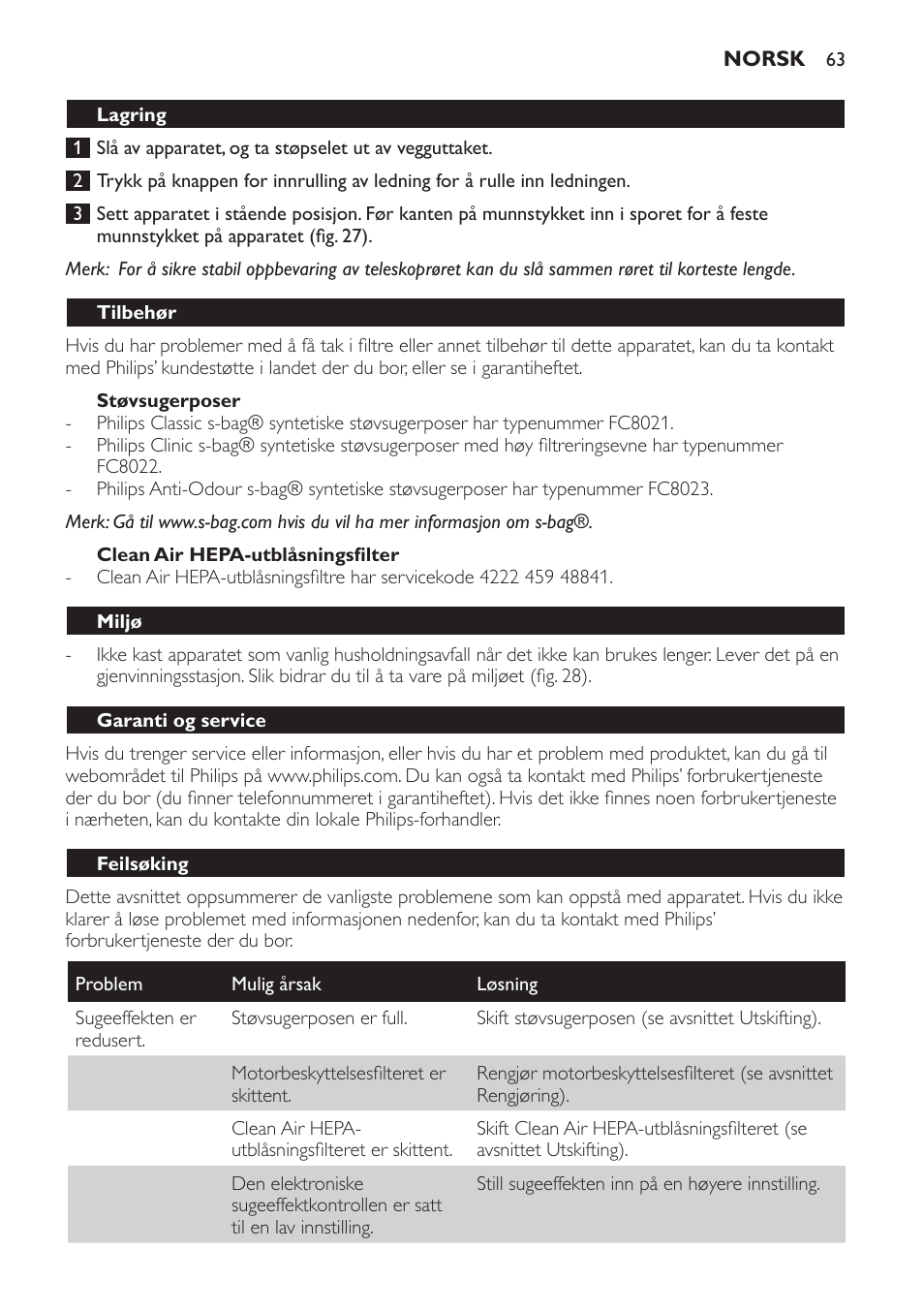 Støvsugerposer, Clean air hepa-utblåsningsfilter, Lagring | Tilbehør, Miljø, Garanti og service, Feilsøking | Philips SmallStar Aspirateur avec sac User Manual | Page 63 / 88